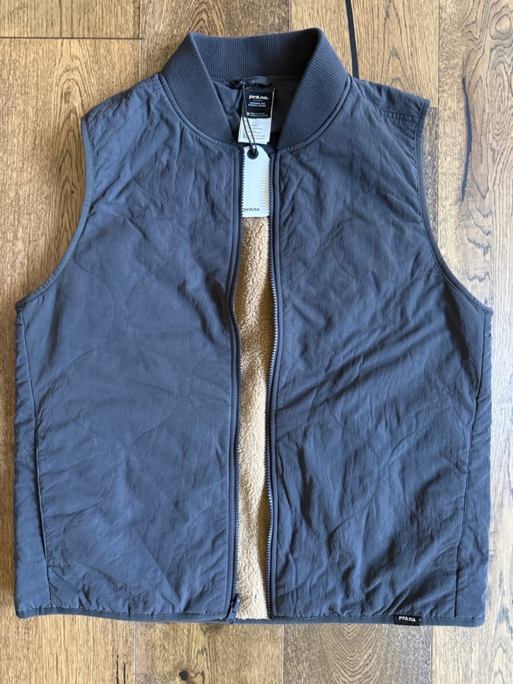 Prana Men's Quilted Reversible Vest in Charcoal with Tan Sherpa Lining